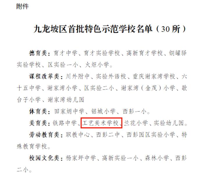 重慶市工藝美術(shù)學(xué)校被評為九龍坡區(qū)首批特色示范學(xué)校